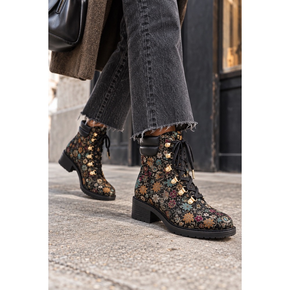 NWOB Sam Edelman Darrah Floral Brocade Tapestry Lace Up Boots Gold 9.5